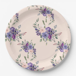 Prato De Papel Rosa roxo das flores bonito florais da aguarela