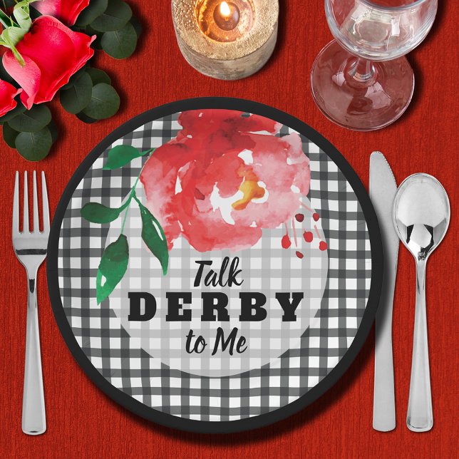 Prato De Papel Rosa sobre o Derby das Conversações Pretas e Branc (Talk Derby to Me Rose on Black and White Gingham Paper Plates)