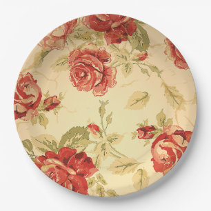Prato De Papel Rosa vermelha, creme, floral antigo tan