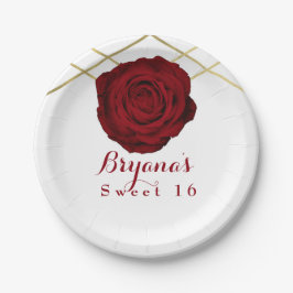 Prato De Papel Rosa Vermelha & Linhas Douradas Floral Elegante Fe