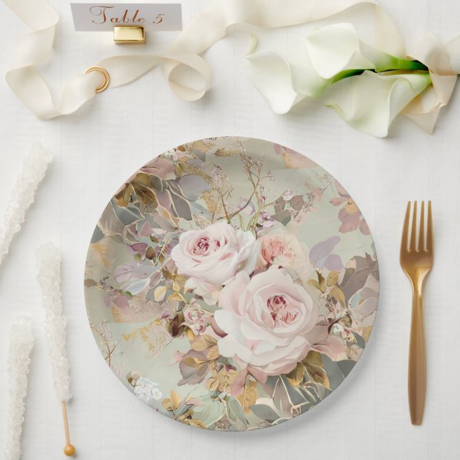 Prato De Papel Rosa-Vintage/ Rosas Brancas (Casamento)