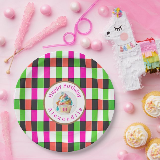 Prato De Papel Rosa Xadrez Divertida e Verde | Cupcake (Festa)
