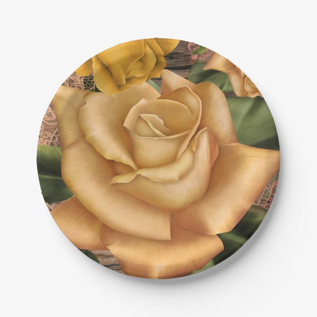 Prato De Papel Rosas Amarelas e Banho de Noiva Rústico Country em (Frente)