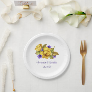 Prato De Papel Rosas Amarelas Violetas Roxas Monogramas Plata de 