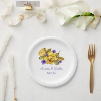Prato De Papel Rosas Amarelas Violetas Roxas Monogramas Plata de