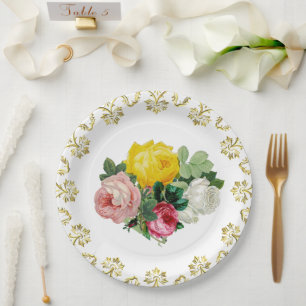 Prato De Papel Rosas Antigas Elegantes com Casamento Floral em Ou