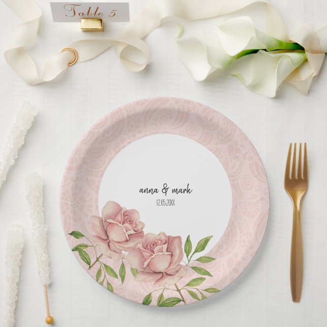 Prato De Papel Rosas Bege Violeta Suave Renda Aquarela (Casamento)
