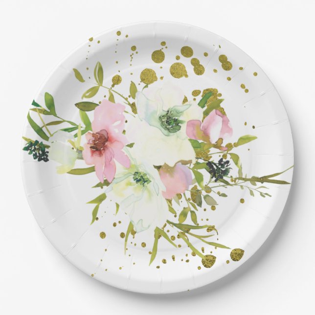 Prato De Papel Rosas brancas e embebidas em ouro (Frente)