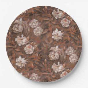 Prato De Papel Rosas Brancas, Sépia, Padrão Floral Retro Vintage