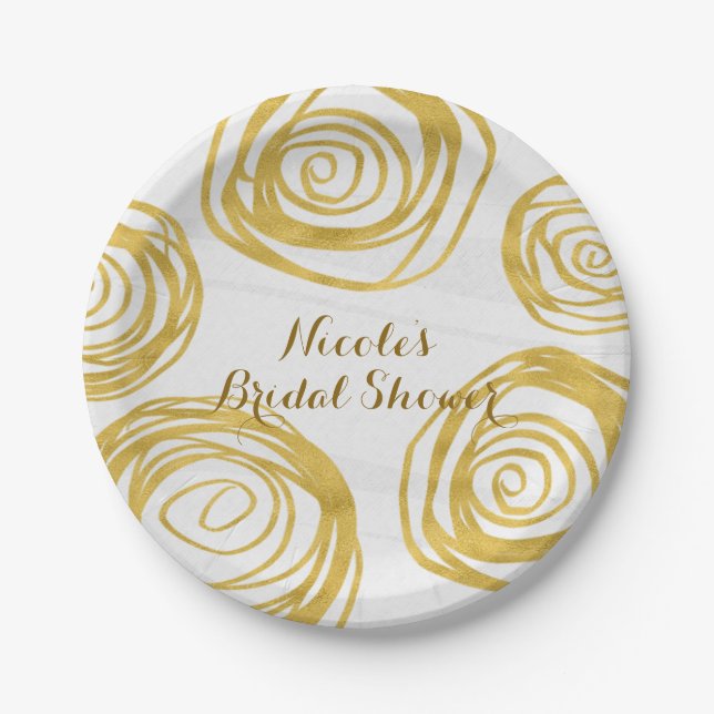 Prato De Papel Rosas com Redemoinho Branco e Dourado Chá de Noiva (Frente)