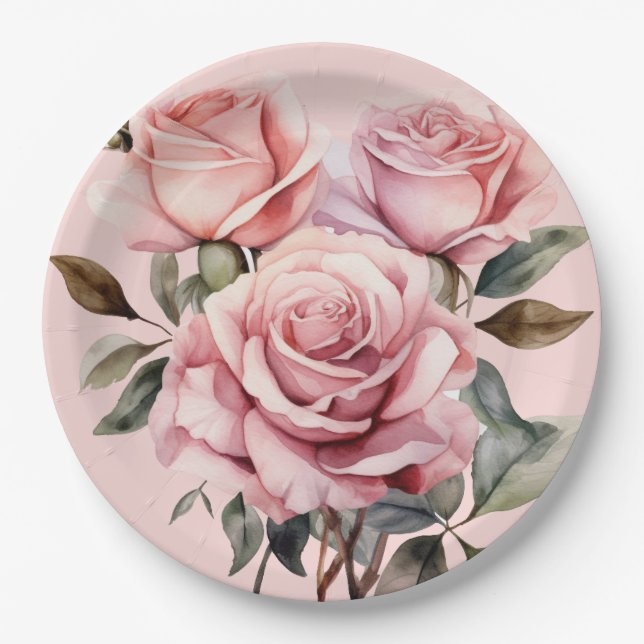 Prato De Papel Rosas Cor-de-Rosa Casamento Elegante (Frente)