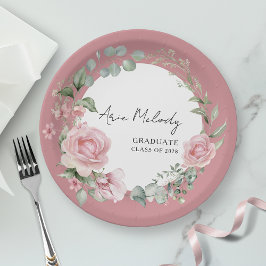 Prato De Papel Rosas Cor-de-Rosa Modernas Letra Classe de Graduaç