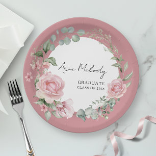 Prato De Papel Rosas Cor-de-Rosa Modernas Letra Classe de Graduaç