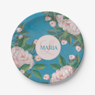Prato De Papel Rosas cor-de-rosa pálidas com fundo azul Mar