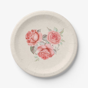 Prato De Papel Rosas Coral de Pêssego Vintage Folhas de Verdura C