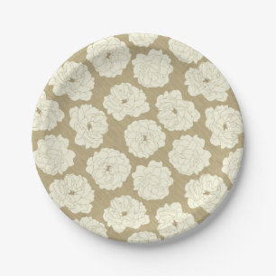 Prato De Papel Rosas Creme em Bege Dourado - padrão contínuo. 