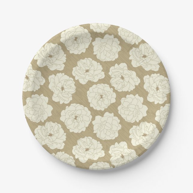 Prato De Papel Rosas Creme em Bege Dourado - padrão contínuo.  (Frente)
