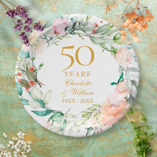 Prato De Papel rosas de aniversário de casamento do Ouro 50º