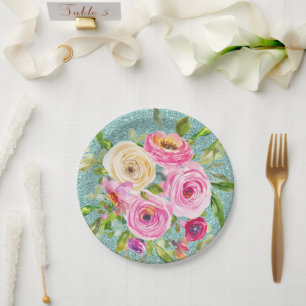 Prato De Papel Rosas de aquarela rosa e creme