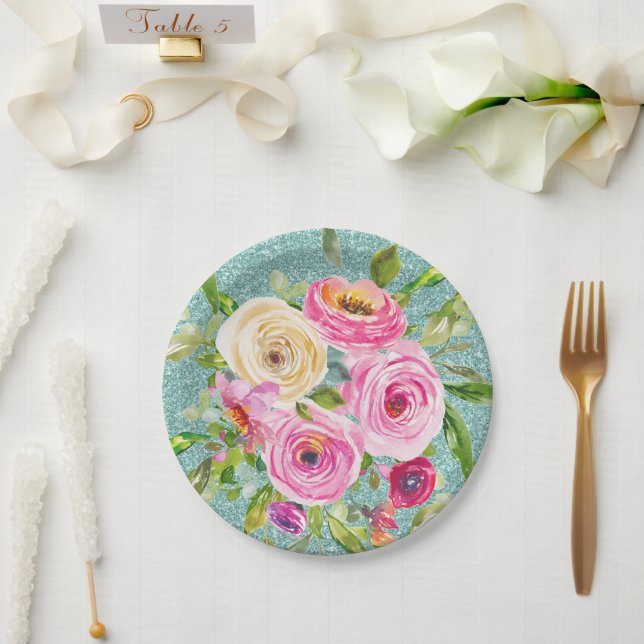 Prato De Papel Rosas de aquarela rosa e creme (Casamento)