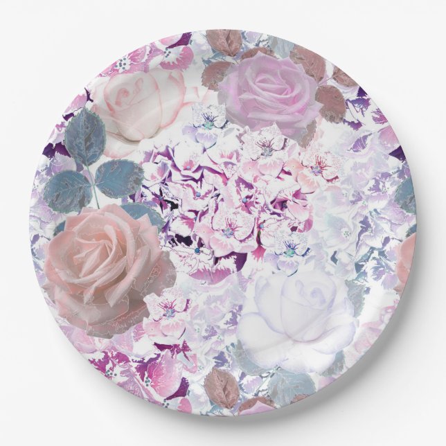 Prato De Papel Rosas de aquarelas e híbridos. (Frente)