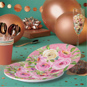 Prato De Papel Rosas de aquarelas em rosa e creme cor-de-rosa