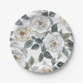 Prato De Papel Rosas de Jardim | Floral Vintage aquarela branca