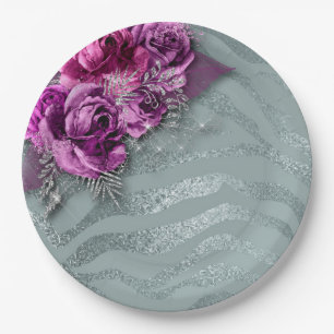 Prato De Papel Rosas e Tiras de Zebra da Gliteria de Prata