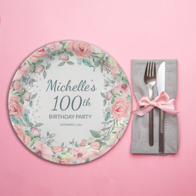 Prato De Papel Rosas Florais em Aquarela Rosa e Pérolas Aniversár (Blush pink floral 100th birthday party paper plates personalized with your own text.)