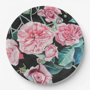 Prato De Papel Rosas pretas cor-de-rosa Flores florais Folhas de