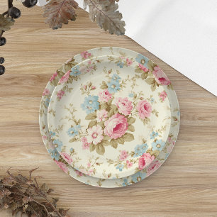 Prato De Papel Rosas Românticos de Inglês Rosa em Amarelo Pálido