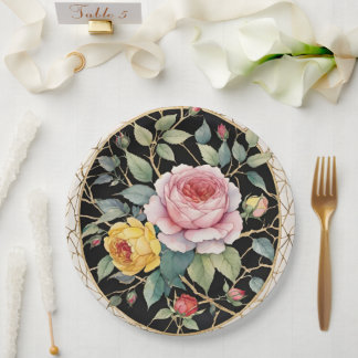 Prato De Papel Rosas Rosa E Amarelo Pretas Florais E Douradas