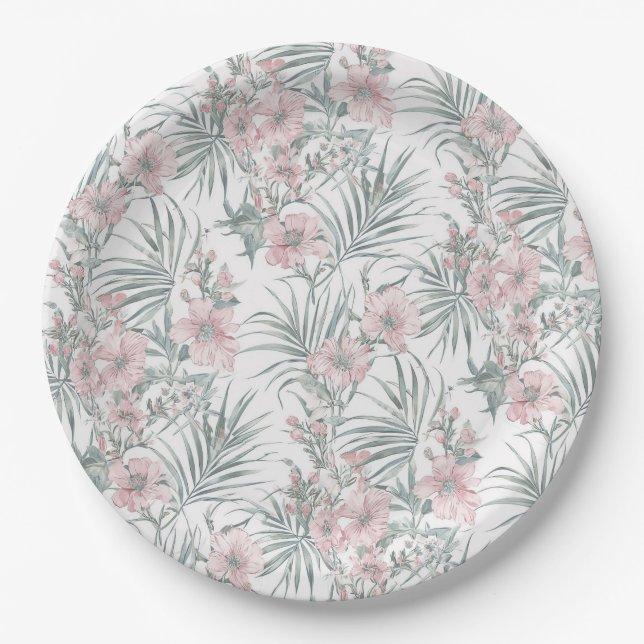 Prato De Papel Rosas Rosa em Branco (Frente)