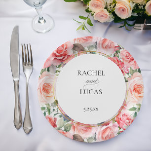 Prato De Papel Rosas Rosa Românticas De Cores Aquáticas