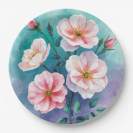 Prato De Papel Rosas Selvagens Rosa Azul Turquesa Em Aquarela