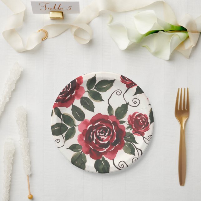 Prato de Papel Rosas Vermelhas Escuras (Casamento)
