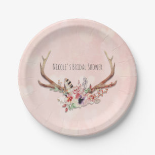Prato De Papel Rose Blush Rosa Floral Corças Antílope Boho Chic