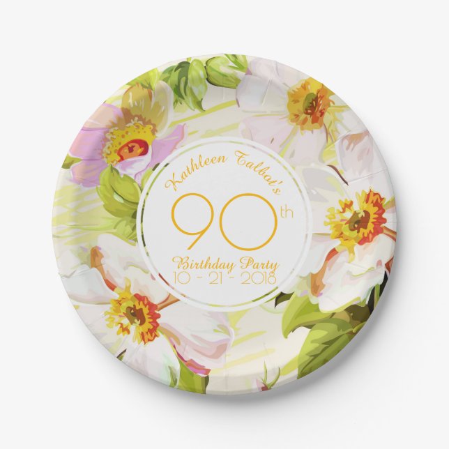 Prato De Papel Roses Peonies 90th Birthday Party Paper Plate (Frente)