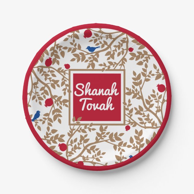 Prato De Papel Rosh Hashanah Jewish New Year Bird & Pomegranates (Frente)