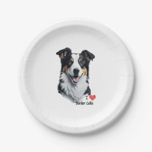 Prato De Papel Rosto de Borda Collie (com texto I Love)
