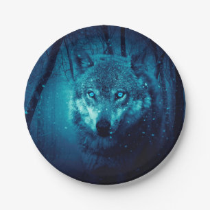 Prato De Papel Rosto de lobo na floresta de fantasia escura
