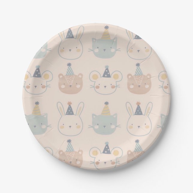 Prato De Papel Rostos de Gatos Coelhos e Ursos Fofos Padrão Paste (Frente)