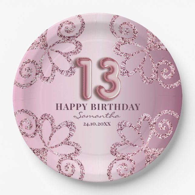 Prato De Papel Roteiro de Balão de Glitter Princesa Rosa de 13 An (Frente)