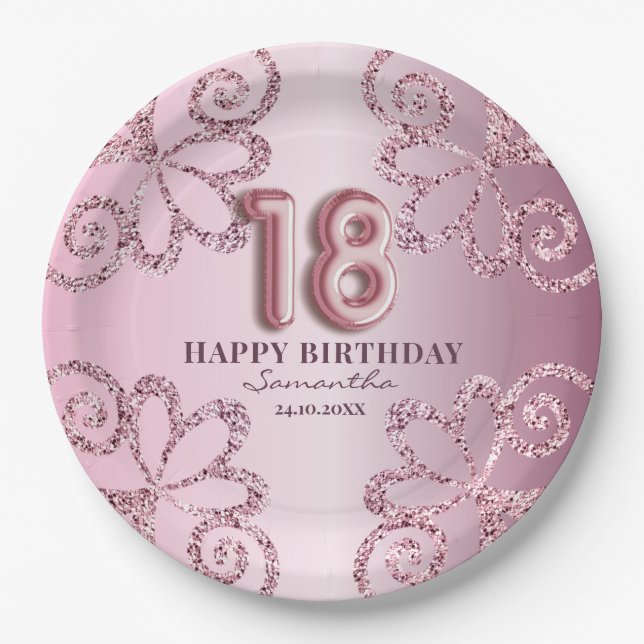 Prato De Papel Roteiro de Balão de Glitter Princesa Rosa de 18 An (Frente)