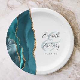 Prato De Papel Roteiro de Geodo de Ágata Casamento Teal Dourado