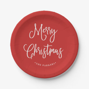 Prato De Papel Roteiro escrito à mão do Feliz Natal   no vermel