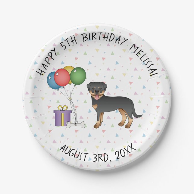 Prato De Papel Rottweiler Cartoon Preto e Castanho - Aniversário (Frente)