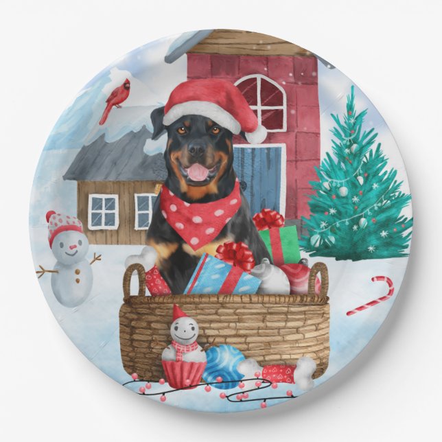 Prato De Papel Rottweiler Dog In snow Christmas Dog House (Frente)