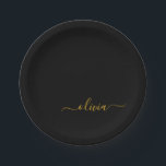 Prato De Papel Rótulo de Menina de Ouro Preto Monograma Nome Mode<br><div class="desc">Monograma Dourado e Preto Adicione Seu Próprio Nome Placas de Festa de Script. Isso torna o presente perfeito de aniversário de 16 anos,  casamento,  chá de noiva,  aniversário de casamento,  chá de bebê ou despedida de solteira para alguém que ama luxo glamoroso e estilos chiques.</div>
