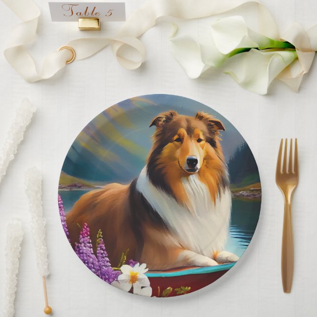 Prato De Papel Rough Collie em um Paddle: Uma Aventura Cênica (Casamento)